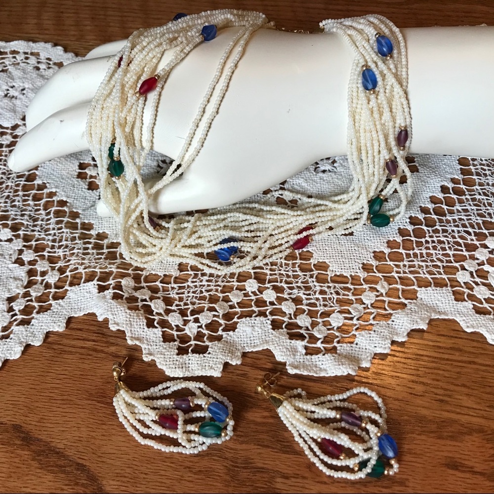 Vintage 80's Jewelry Multi-Strand Necklace & Earrings